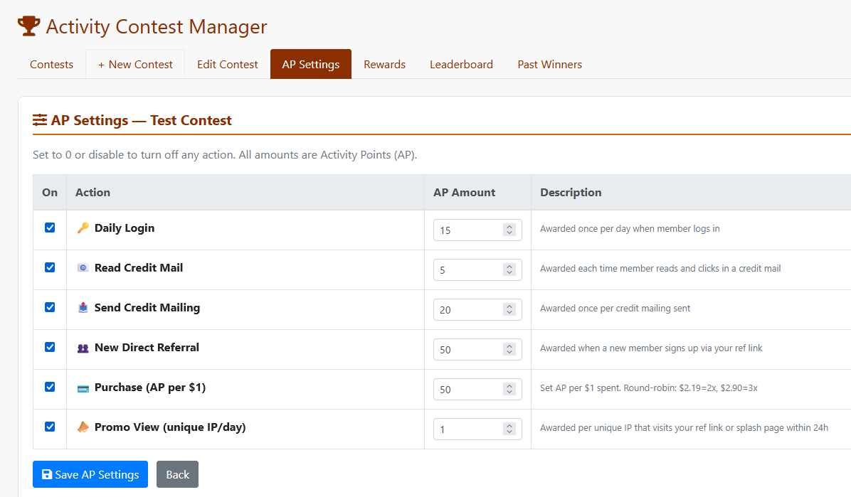 Activity Points Settings admin panel