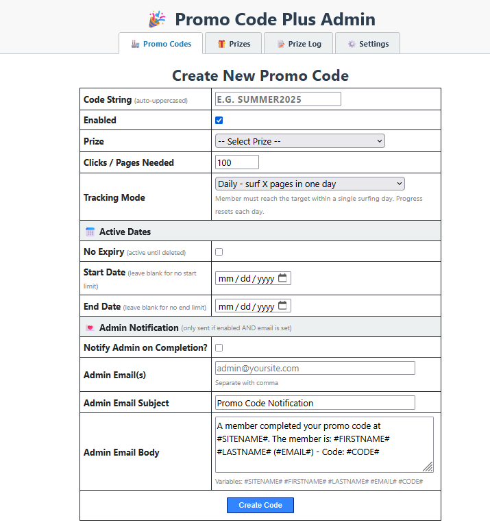 Admin Promo Codes