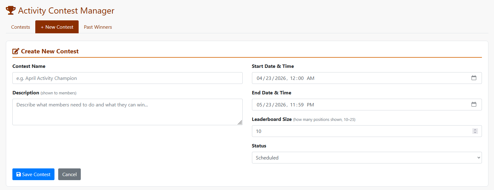 Create New Contest admin screen