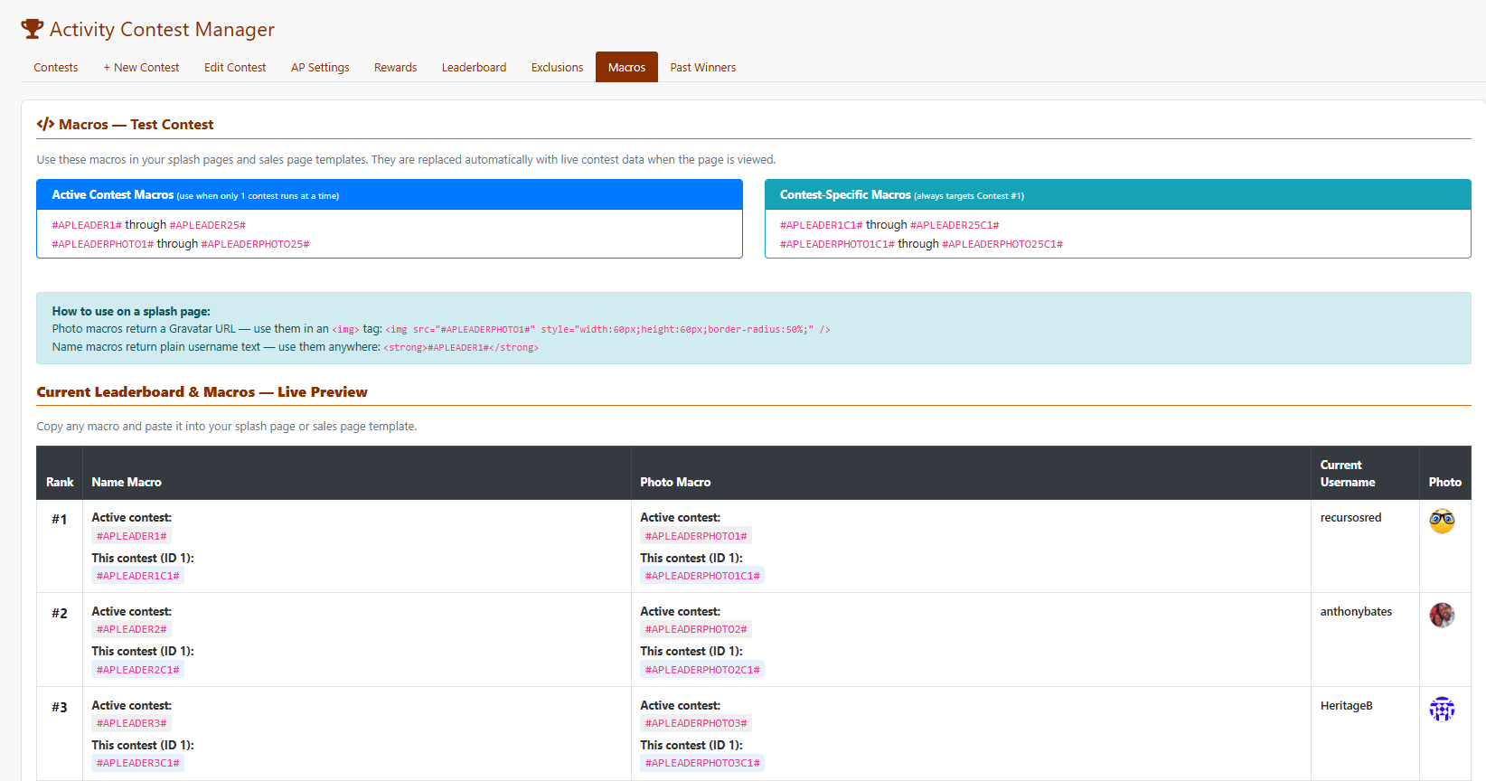 Activity Contest Macros - live preview in admin panel